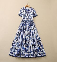 2022 Summer Fall Short Sleeve Round Neck Blue Paisley Print Cotton Panelled MidCalf Dress Elegant Casual Dresses 22Q1923157955721