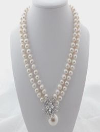 Charming 2strands 78mm white freshwater pearl necklace micro inlay zircon accessories shell pendant long 4548cm9610997