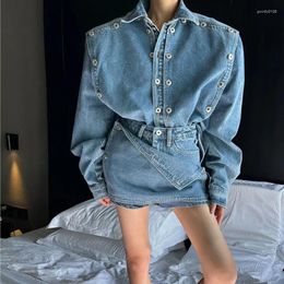 Work Dresses Spring Fashion Ladies 2 Pieces Set Long Sleeve Double Breasted Jean Jackets & Mini Shorts Skirt Vintage Women Denim
