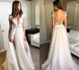 Sexy Backless Beach Wedding Dresses Plunging V Neck Short Capped Sleeves Tulle Side High Slit Split Lace Applique Wedding Bridal Gowns