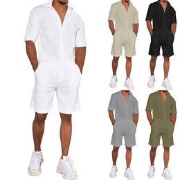 Summer Thin Mens Clothing Lapel Short-sleeved Shirt Shorts Loose EuropeAn-American Style Solid Colour Mens Two-piece Set 240417