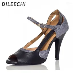 Dance Shoes DILEECHI Brand Latin Ladies Black Grey Leather Sequined High Heels 10cm Heel Ballroom Dancing