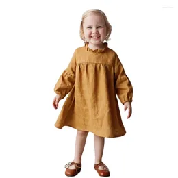 Girl Dresses Spring Autumn For Girls Linen Pastoral Baby Party Dress Solid Long Sleeve Children's Cotton Casual Kids Clothes