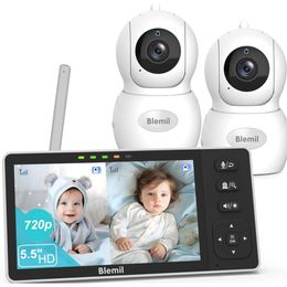 5.5 HD Split-Screen Baby Monitor with 2 Cameras, Two-Way Talk, Night Vision, Remote PTZ, 4000mAh Battery - High Resolution Video Baby Monitor