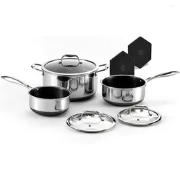 Cookware Sets Hybrid Nonstick 6-Piece Pot Set With Trivets 2 3 And 8-Quart Pots Tempered Glass Lids Silicone Includ