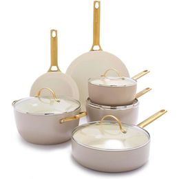 Upgrade your kitchen with the GreenPan Reserve Hard Anodized Ceramic Nonstick Cookware Set - PFAS-Free, Dishwasher and Oven Safe, 16 Piece Set with Gold Handles
