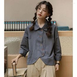 Women's Blouses Vintage Single-breasted Shirts Women Blouse Polo Neck Long Sleeve Cardigan Crop Tops Japanese Designer Clothing Solid