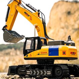 Diecast Model Cars Lighted remote-controlled excavator toy car sound effect electric excavator car engineering car childrens gift J240417