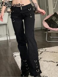 Women's Jeans Metal Zipper Flare Goth Black Low Waisted Cargo Pants Pockets Punk Academic Fashion Sweatpants Women Korean Jean