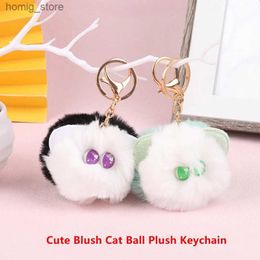 Plush Keychains Cute Blush Cat Ball Plush Keychain Women Girls Shy Doll Cartoon Pendant Key Rings Car Bag Keyring Keyholder Accessories Y240415