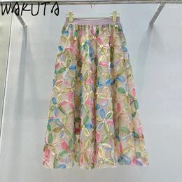 Skirts WAKUTA Three Dimensional Floral Mesh Long Chic Korean 2024 Elegant Sweet High Waist Fairy Sequin Skirt Women