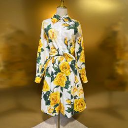 Women's two pieces sets cotton yellow rose printed long sleeve shirt with mid-calf wide leg shorts