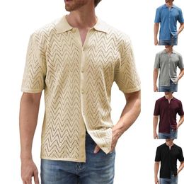 Men's Casual Shirts 2024 Summer Men Knitted Hollow Out Breathable Shirt Solid Colour Single Breasted Male Knit Short-sleeved