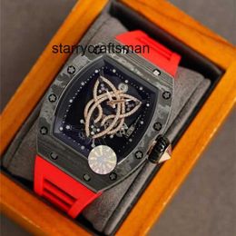 Men Watch Automatic Rubber Top Red Carbon Sale Strap Skeleton Winding Limited Fiber With Case