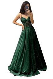 Spaghetti Long Prom Dresses V-Neck Appliques Illusion A-Line Lace-up Pockets Plus Size Formal Occasion Evening Party Gown Pd10