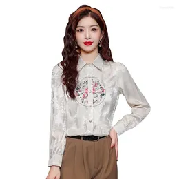 Women's Blouses Summer Chinese Style Long Sleeve Blouse 2024 Woven Fashion High-end Satin Lapel Stitching Shirt