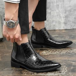 Men's Black Slip-on Men Fashion Ankle Boot Mens Casual Italy Short High-top Pointed Toe Shoes Leather Boots