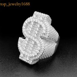 Iced Out Vermeil Vvs Moissanite Bling Sier Fully Pave Baguette Diamond Rings Hip Hop Men Money Dollar Ring