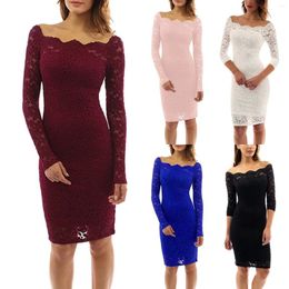 Casual Dresses Women's Slim Off Shoulder Dress Long Sleeve Lace Mini Elegant Temperament Cocktail Party Tie Waist Vestidos