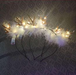 LED Fluffy Feather Antlers Headband Christmas Glowing Light Up Flashing Deer Ears Hairband Costume Fancy Cosplay Party Decor with 1106024