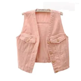 Women's Tanks 2024 Summer Thin Fashion Pink Denim Vest Women Waistcoat Sleeveless Jacket Coat V-neck Pocket Slim Short Jeans Tops Female