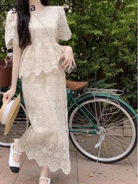 Work Dresses Ezgaga Two Piece Set Women Sweet Elegant Lace Patchwork Blouse Flowers Shirts Vintage Fashion Long Skirts Temperament Suits