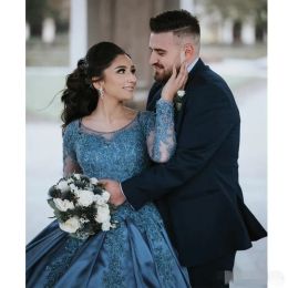 2024 Newest Blue Muslim Ball Gown Wedding Dresses Long Sleeves Lace Applique Satin Scoop Neck Beaded Plus Size Wedding Gown Custom Made