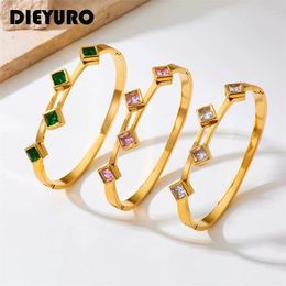 Bangle DIEYURO 316L Stainless Steel Square Green White Pink Zircon Bangles Bracelets For Women Fashion Wrist Jewelry Lady Holiday Gift