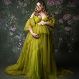 Avocado Green Prom Dresses Tiered Tulle Pregnancy Gowns with Lining Spaghetti Straps Oversize Baby Shower Dress for Photography