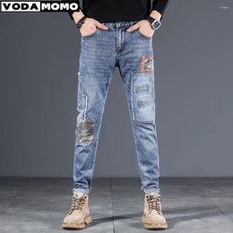 Men's Jeans Light Blue Ripped Cotton Regular Straight Denim Pants Streetwear Distressed Patch Jean Trousers Y2k 2024