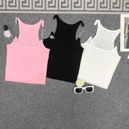 New women sexy invisible straps logo rhinestone pin patched knitted designer crop top tanks SML