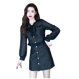 Spring summer women chiffon long sleeve patched tweed fabric short blouse and a-line skirt twinset desinger dress suit SMLXL