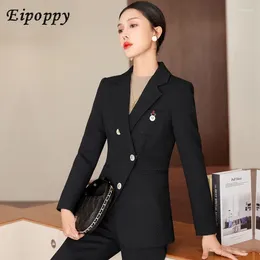 Women's Two Piece Pants Women High Quality Formal Pant Suit Office Ladies 2 Set Fashion Button Decoration Coffee Jacket Winter Clothes