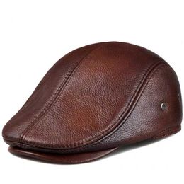 1BEF Berets Mens outdoor leather hat winter Berets male warm Ear protection cap 100% genuine leather dad hat wholesale Leisure d240418