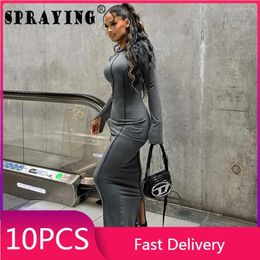 Casual Dresses 10 Fall 2024 Long Sleeve Hooded Solid Split Maxi Dress Bulk Items Wholesale Lots Sexy Y2k Women Clothing Fashion S12398