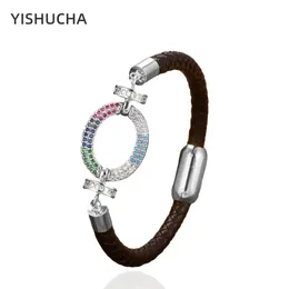 Charm Bracelets YISHUCHA Women's Trendy Oval Metal Brown Genuine Braided Leather Bracelet Cubic Zirconia Female Jewelry Accessories