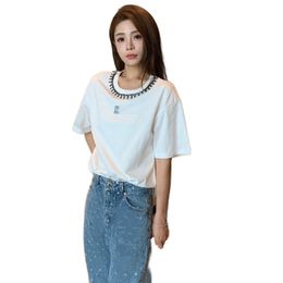 Women candy color o-neck short sleeve cotton fabric beading rhinestone letter shinny bling desinger t-shirts SML