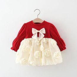 Girl Dresses Bow Kids Splicing Princess Dress For Girls Long Sleeve 2024 Spring And Autumn