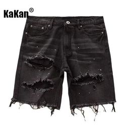 Kakan Summer Distressed Denim Shorts for Men Korean Youth Slim Fitting Small Leg Quarter Pants Jeans K58DK322 240412