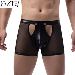 Underpants Sexy Mens PU Leather Pouch Mesh Underwear Hollow Out Patchwork Boxer Briefs Buttons Low Rise Lingerie Nightclub Rave Costume