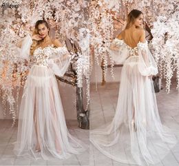 Sexy See Through Tulle A Line Wedding Dresses With Puffy Long Sleeves Floral Lace Bridal Gowns Off Shoulder Sweep Train Bride Wedding Shower Robes de Mariee CL3498