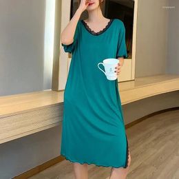 Women's Sleepwear 360614-9 Spring And Summer Modal Split Dress V-neck Lace Long Skirt All-match Casual Loose Nightdress