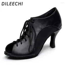 Dance Shoes DILEECHI Genuine Leather Cowhide Latin Adult Female High-heeled Lacing Sandals Black