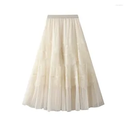 Skirts Lace Patchwork Pleated Tulle Skirt Sweet A-Line High Waist Long For Women 2024 Spring