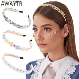 Headbands AWAYTR New Metal Chain Headband Women Bright Gold Hairband Bezel Turban Female Girls Hair Hoop Ladies Hair Accessories Headdress Y240417