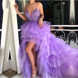 Lilac Sexig lågkväll Hög backless spaghetti -remmar Tiered Tulle En linje Special OCN -klänningar Prom -klänningar för festexamen Vestido de Festa 2022