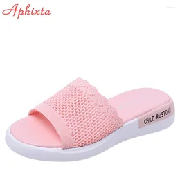 Slippers Aphixta 2024 Pink Cotton Fabric Flip Flops Women Low Wedge Heel With Summer Air Mesh Fashion Peep Toe Mules Slides