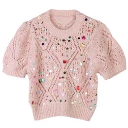„Błyszczący sweter z krótkim rękawem z pustym designem dla kobiet, designerski nowo przybywający letni dzianin”