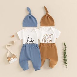 Clothing Sets 2024-03-19 Lioraitiin Baby Boys Summer Outfits Letter Embroidered Crew Neck Short Sleeve Rompers Long Pants Hat 3Pcs Clothes