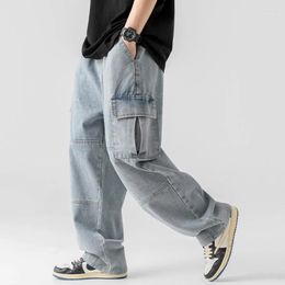 Men's Jeans Vintage Blue Denim Pants Side Pocket Loose Cargo 2024 Spring Unisex Black Baggy Trousers